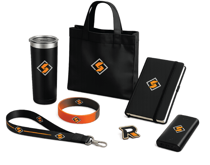 Custom promotional products including tote bag, tumbler, notebook, lanyard, wristband, pin and power bank